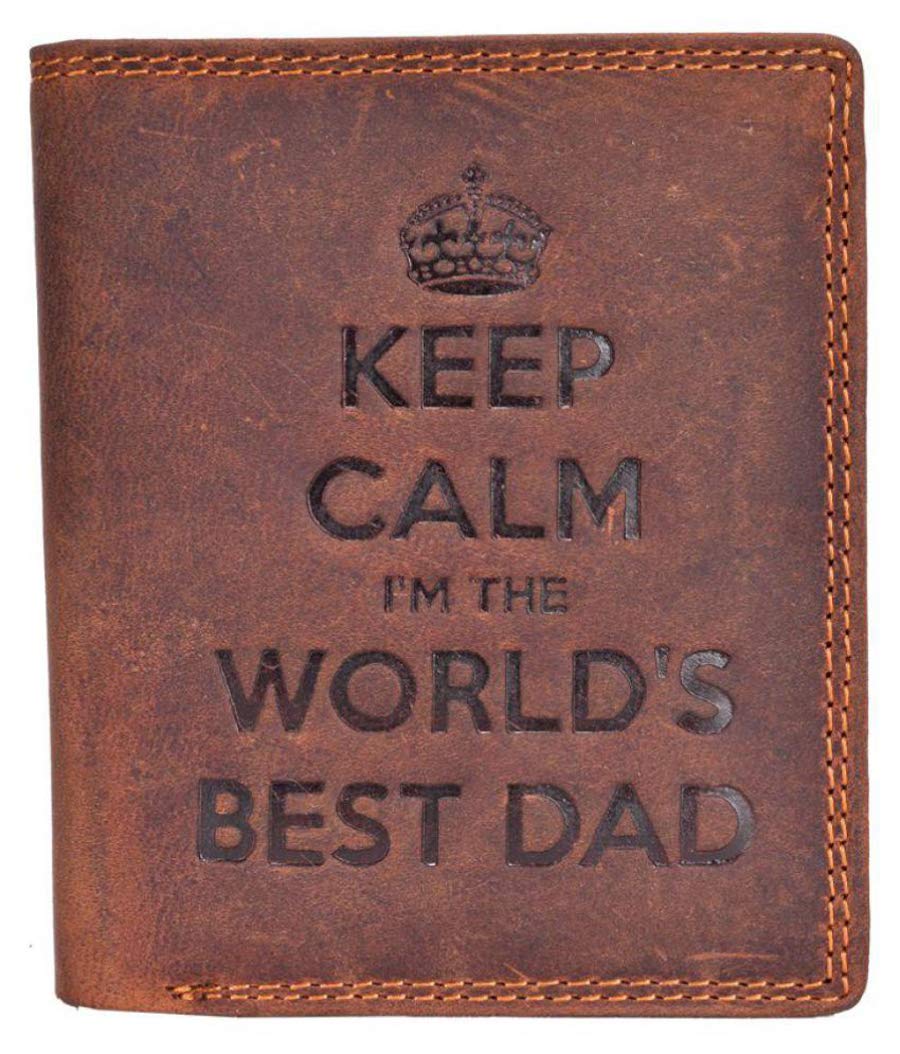 STARHIDE Embossed Wallets Men (Keep Calm I'm The Worlds Best Dad) RFID Blocking Genuine Distressed Hunter Leather Purse Wallet Gift for Him 705 Brown