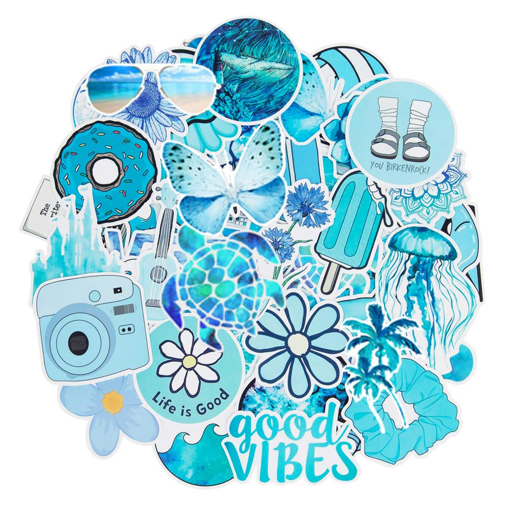 Sunvito Stickers for Water Bottles, 53 Pack Laptop Stickers for Guitar, Skateboard, Phone, Luggage, Cute Waterproof Stickers for Teens, Girls, Kids (Blue)