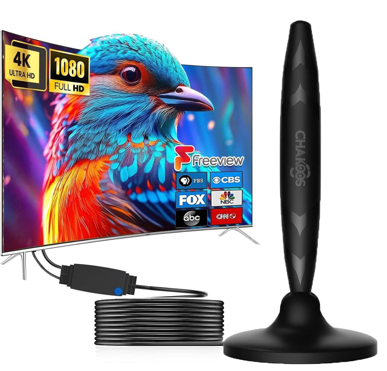 Chakoos Indoor TV Aerial 4K Ultra HD Digital Ariels For Tv Indoor, Television Aerial with Strong Signal Magnetic Base,360° Reception, Freeview HDTV & DAB Compatible – 3M Coaxial Cable for UK TVs