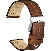 WOCCI 22mm Old-fashioned Watch Band for Men, Top Grain Leather, Silver Brushed Buckle (Caramel Brown)