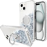 WORLDMOM for iPhone 15 Plus Case,Bling Moving Liquid Floating Sparkle Colorful Glitter Waterfall TPU Protective Case with Rotation Ring Kickstand Fit 6.7 inch 2023, Silver