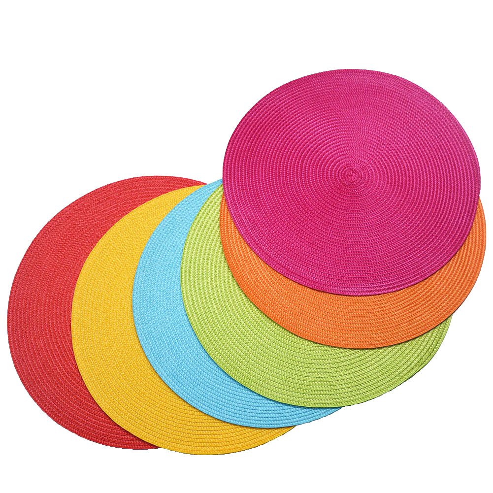 SCF2017 Mixed colors Round Woven Plastic Placemats 38cm Colourful Dining Table Mats,Set of 6,Style A