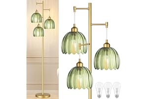 QIYIZM Gold Floor Lamp for Living Room,Bedroom,Mid Century Modern Standing Lamp Brass Tree 3 Light Tall Floor Lamps Vintage Retro Floor Lights Glass Green Flower Lamp Shade Farmhouse Boho Bohemian