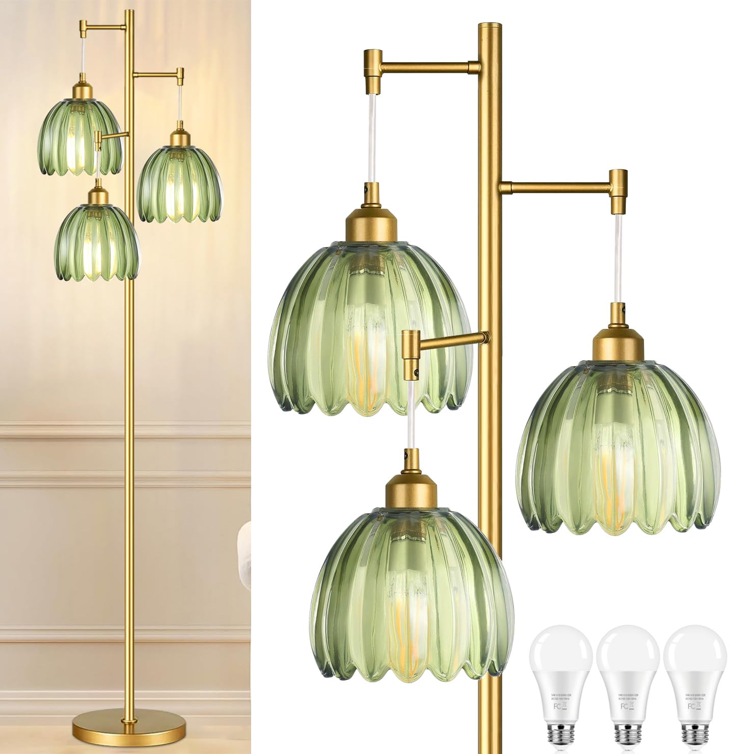 Photo 1 of QIYIZM Gold Floor Lamp for Living Room,Bedroom,Mid Century Modern Standing Lamp Brass Tree 3 Light Tall Floor Lamps Vintage Retro Floor Lights Glass Green Flower Lamp Shade Farmhouse Boho Bohemian