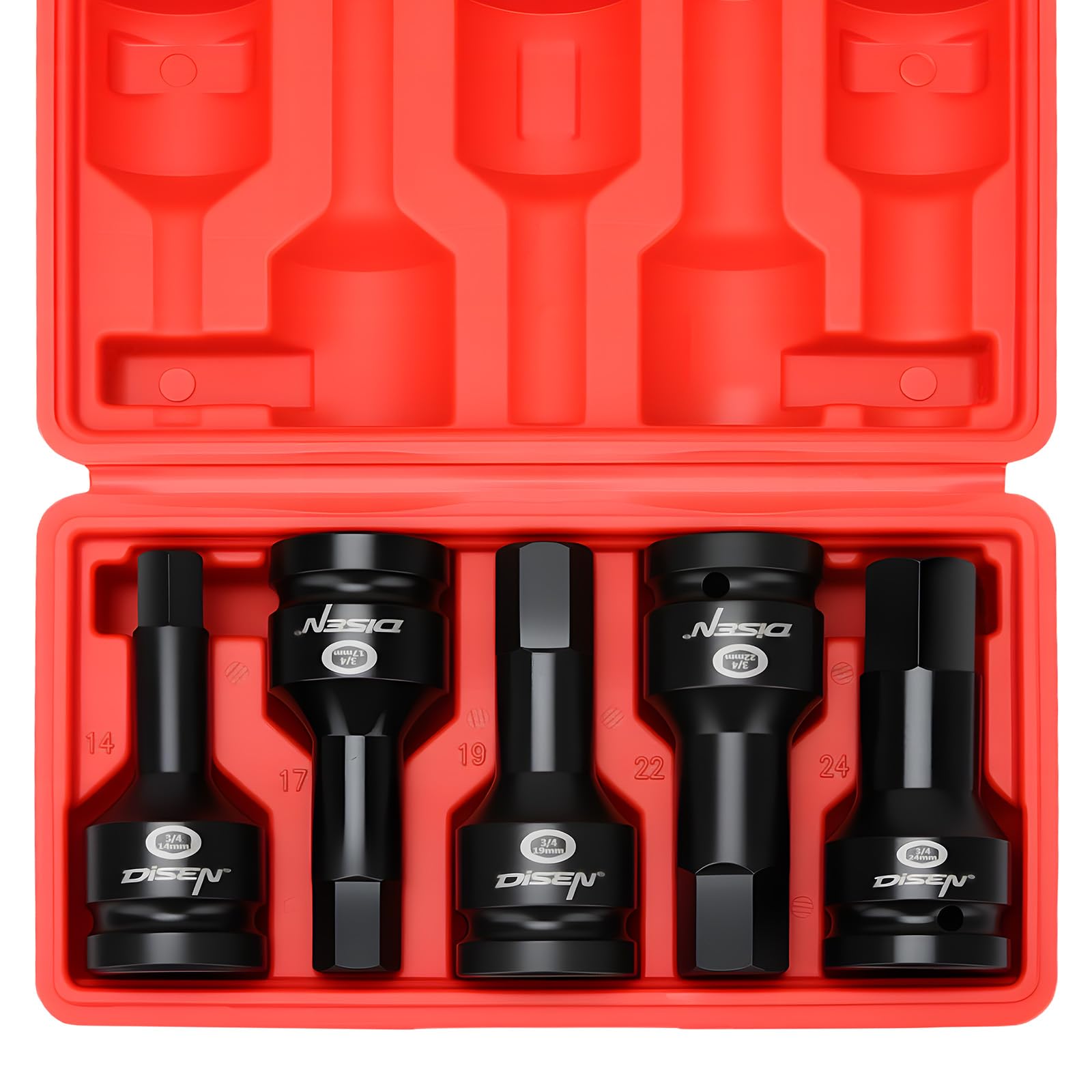 DISEN 3/4 Inch Drive Impact Hex Driver Set, 5-Piece, Metric, 14mm, 17mm, 19mm, 22mm, 24mm, CR-MO Steel, Professional Mechanic Repair 3/4” Hex Socket Set Image