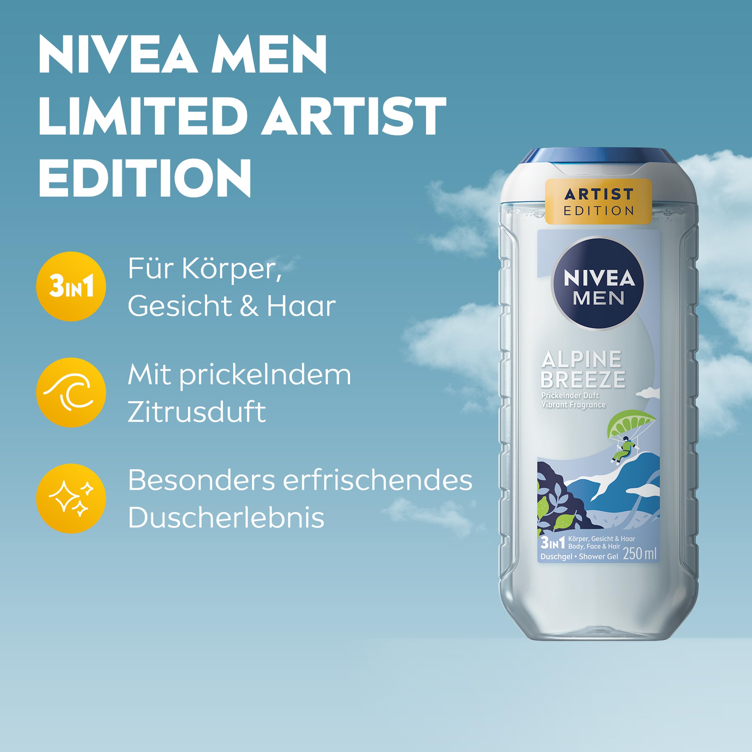 NIVEA MEN Alpine Breeze Artist Edition Duschgel, revitalisierende Pflegedusche mit prickelndem und lebendigem Duft, 3in1 Duschgel für Körper, Gesicht und Haare (250 ml) 2