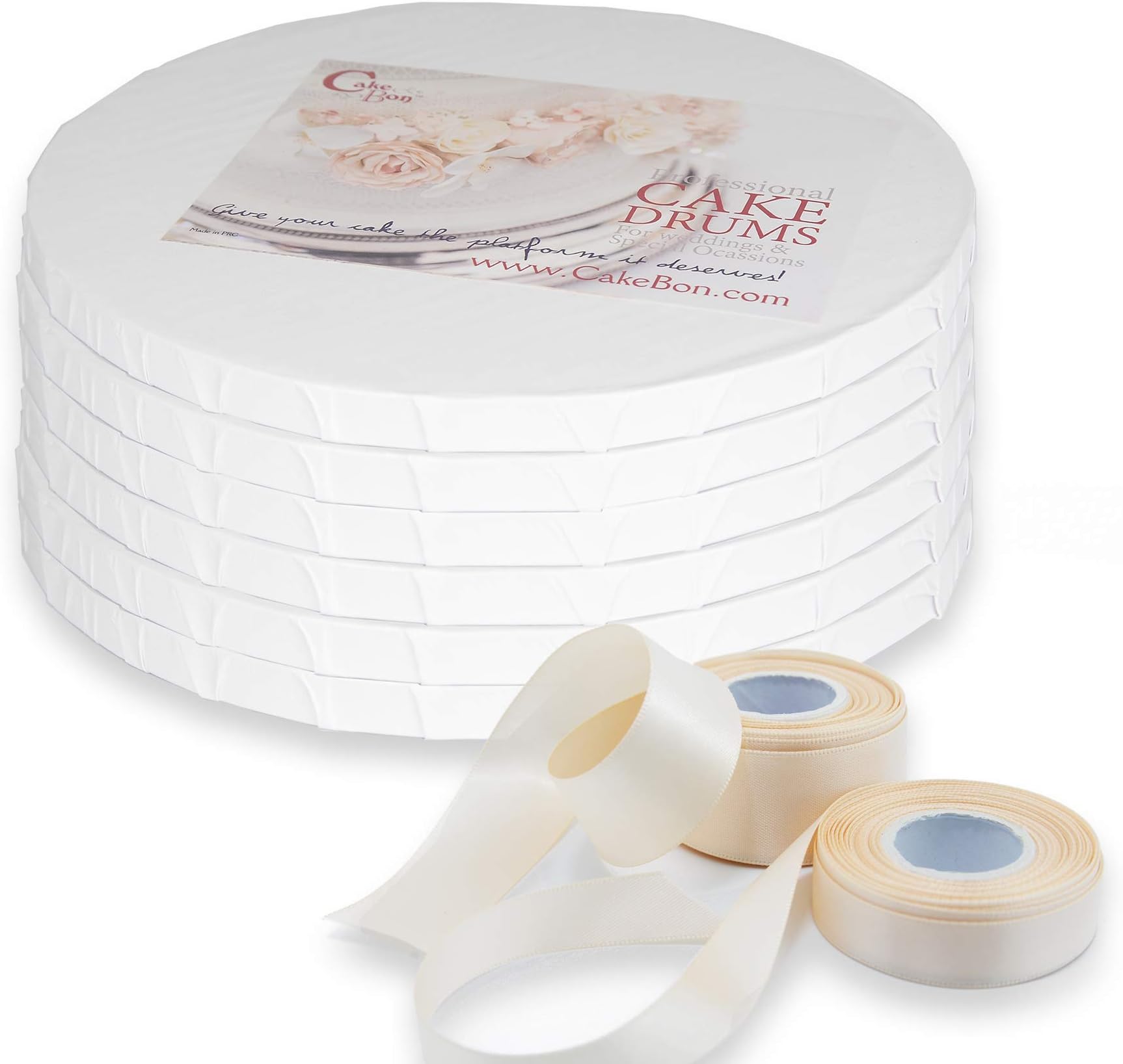 Cakebon Cake Drums Round 8 Inches - (White, 6-Pack) - Sturdy 1/2 Inch Thick - Fully Wrapped Edges
