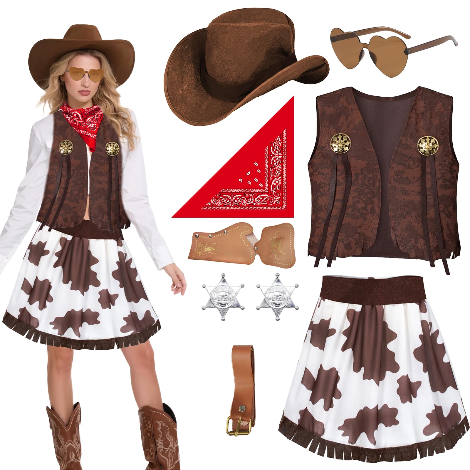 Wynlora 9Pcs Cowgirls Costume for Women, Western Cowboy Fancy Dress with Waistcoat Skirt Hat Paisley Bandanna Holster Belt Sheriff Badge Sunglasses Wild West Cowgirl Outfits for Adults Cosplay