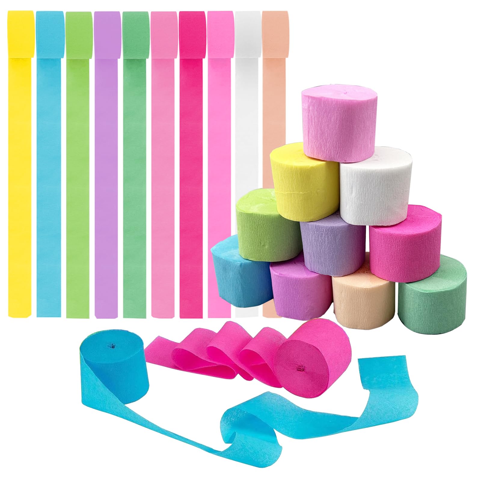 10 Rolls Crepe Paper Streamers Hanging Rainbow Macaron Crepe Paper Rolls Streamers Blue Pink White Crepe Roll Curtain Backdrop Hanging Tassels Festival Party Decor