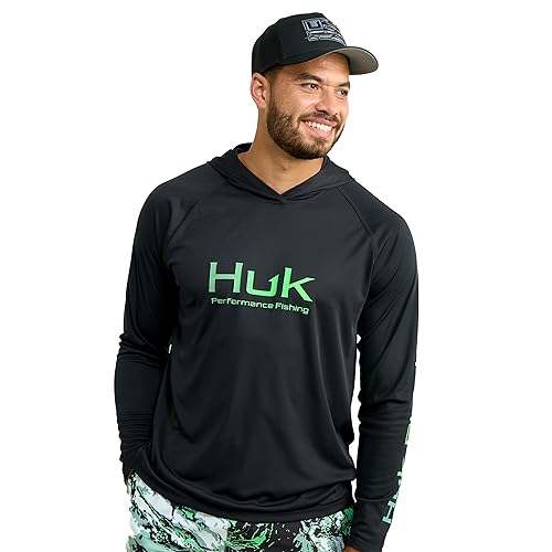 HUK Men's Standard Pursuit Vented Long Sleeve Hoodie, Fishing Shirt with Hood, Black 2.0
