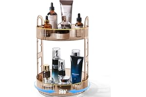 TENDER EPOCH 360 Rotating Makeup Organizer for Vanity,High-Capacity Cosmetics Skincare Organizers and Storage, Bathroom Countertop Organizer Spinning Perfume Organizer - 2 Tier - Amber Gold