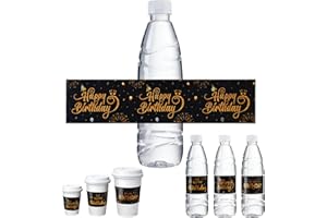 NEZYO 30 Pieces Black and Gold Happy Birthday Party Water Bottle Labels, Birthday Waterproof Water Bottle Wrapper Labels Personalized Bottle Decorations Stickers for Girls Boys Women Men Birthday Supplies