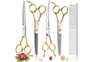 FOGOSP Dog Grooming Scissors Kit 4pcs 7 inch Professional Dog Grooming Shears Set Curved Thinning Straight Chunkers for Dogs Cat Pets (7 in Kit, Gold)