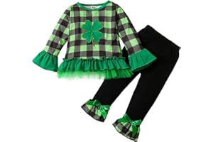 Guodeunh Toddler Girl St. Patrick's Day Clothes Kid Girl Plaid Four Leaf Clover T-Shirt Top + Flared Pants Spring Outfit