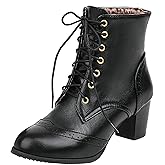 Uniquelly Womens Wingtip Booties Chunky Heel Ankle Boots Lace Up Round Toe Vintage Comfortable Winter Shoes