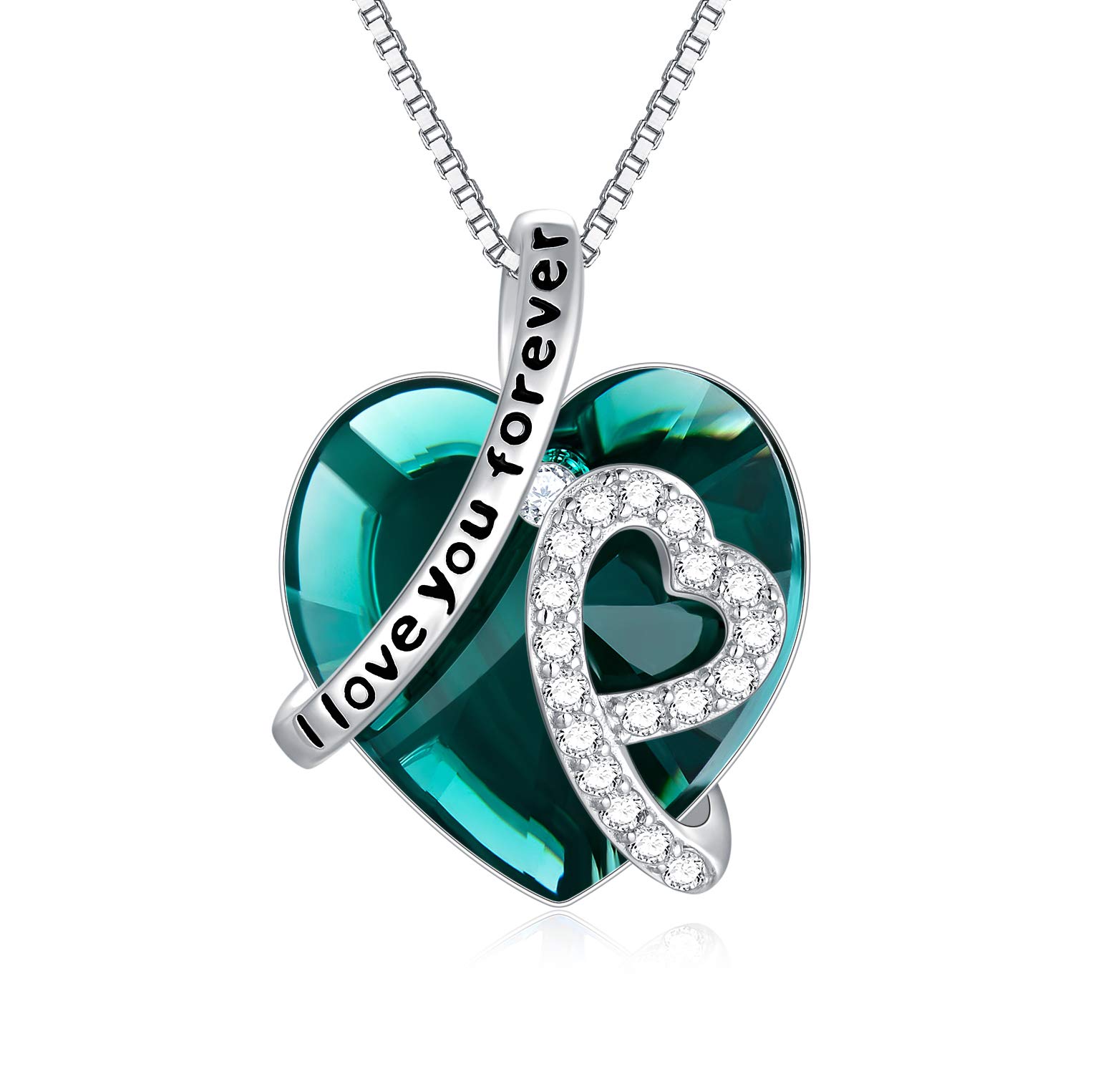 Sterling Silver I Love You Forever Heart Pendant Necklace with Birthstone Crystals, Birthday Wedding Anniversary Jewellery Gifts for Her Women Wife Mum Girlfriend (Simulated Emerald)