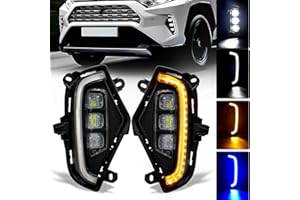 OKSIWA LED Fog Lights with 3 Colors DRL for Toyota Rav4 2019-2025, White LED Daytime Running light, Amber Turn Signal,Blue Lights for Nights, Fog Lamp Assembly kit with Bezel Wiring Harness