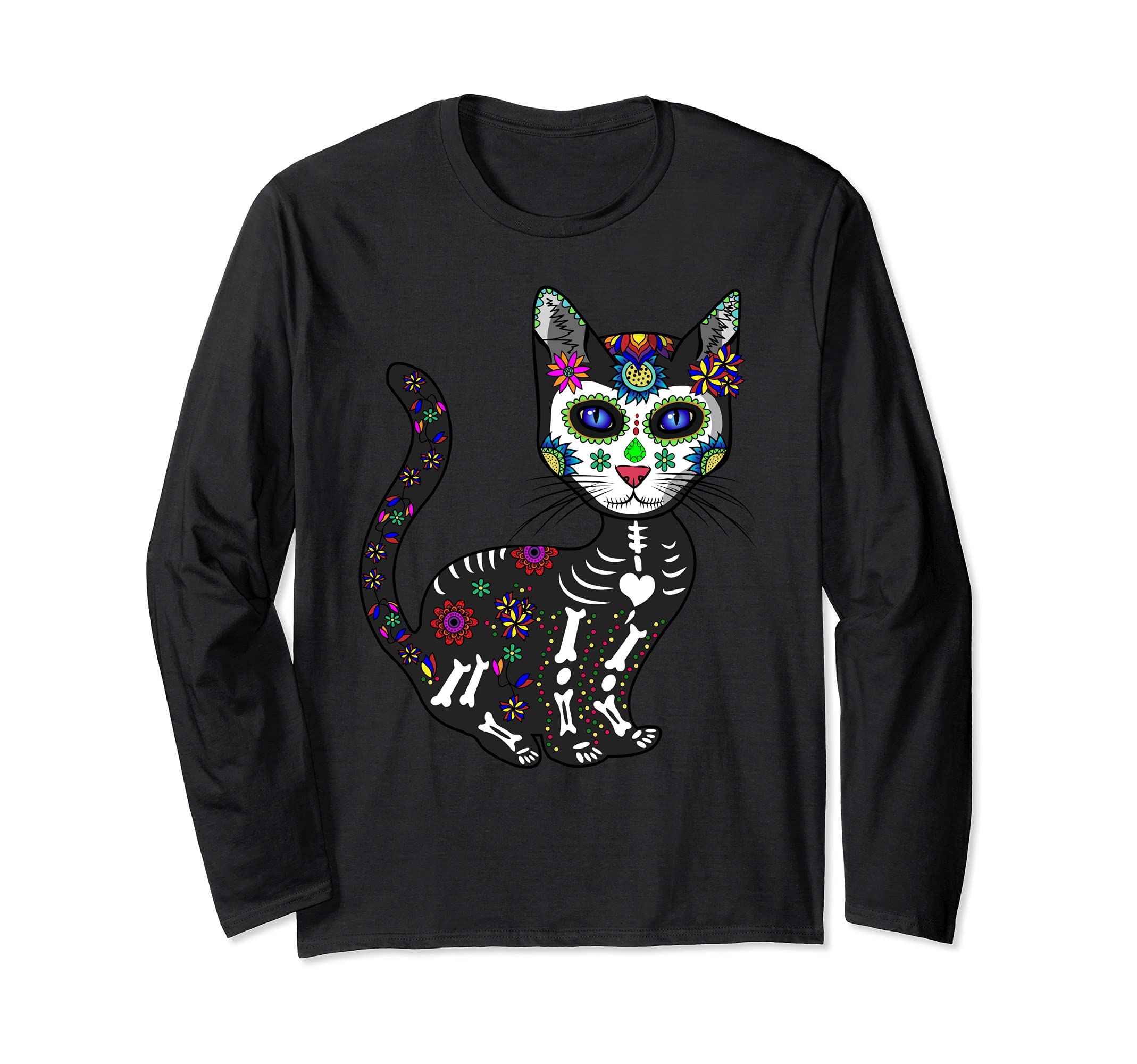 Craneo De Gato Sugar Skull Cat Halloween Dia De Los Muertos Long Sleeve T-Shirt