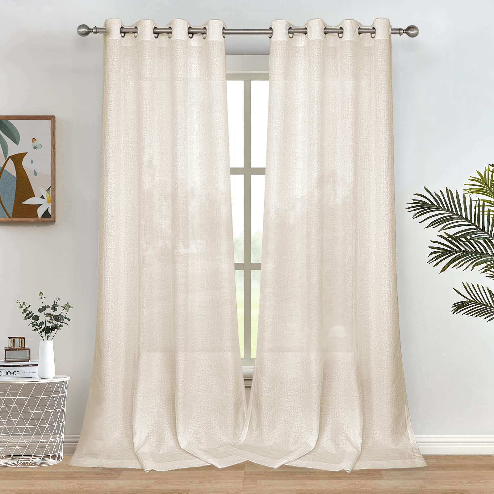 Melodieux Beige Linen Semi Sheer Curtains 96 Inches Long for Living Room Bedroom Flax Linen Grommet Voile Drapes, 52 by 96 Inch (2 Panels)