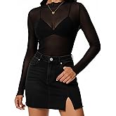 MOHHOM Womens Lace Long Sleeve Mesh Top Mock Neck Sheer Blouse See Through Floral Layering Shirt