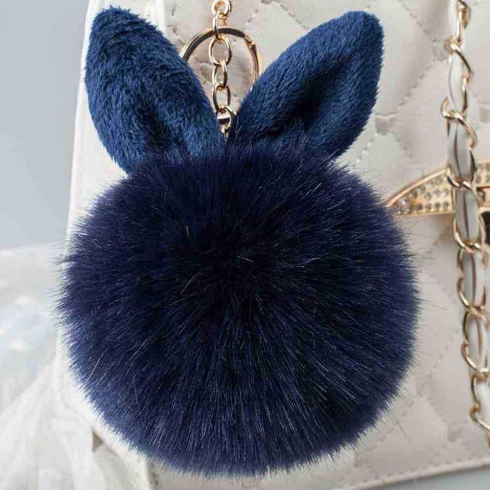 TOYMYTOY Cute Pom Pom Fur Ball Keychain Rabbit Ear Keyring Bag Charm Decoration (Navy Blue), 10-12cm - Image 3