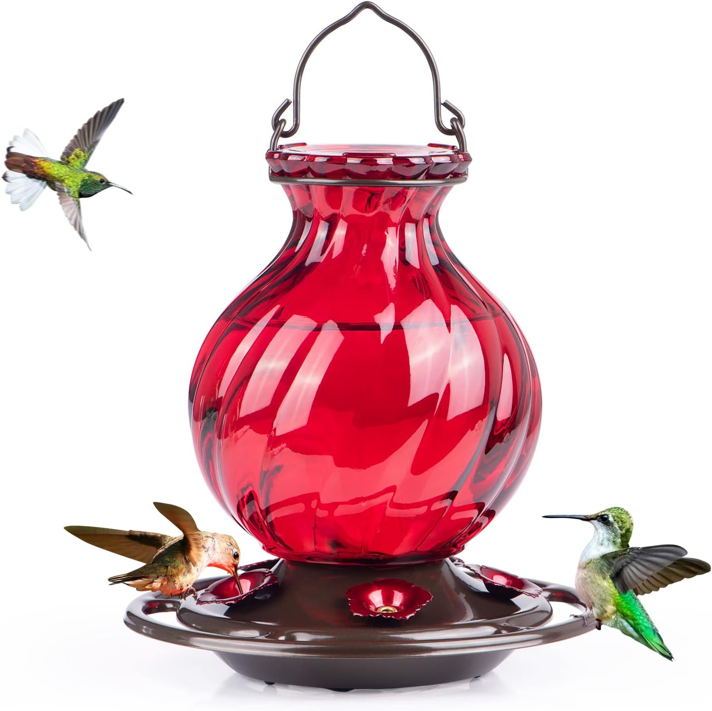 Backyard Birding & Wildlife - Hummingbird Feeder, Auslar 26 Ounces Glass Hummingbird Feeder, Red Hummingbird Feeders for Outdoors Hanging, 5 Flower Feeding Ports, Fade Proof, Rustproof, Leakproof, Netted Flower Bud Shape Bottle