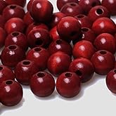 Wooden Beads for DIY Crafts – Natural Solid Wood, Dark Red Finish – Multiple Sizes: 8mm / 10mm / 12mm / 16mm – Great for Garland, Bracelet, Ornament, Home Decor Projects (Dark Red, 16mm)