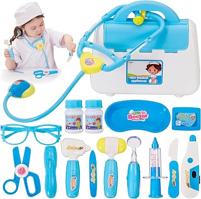 BUYGER 16 Pcs Kids Doctor Set Lights and Sounds Toy Kit Blue