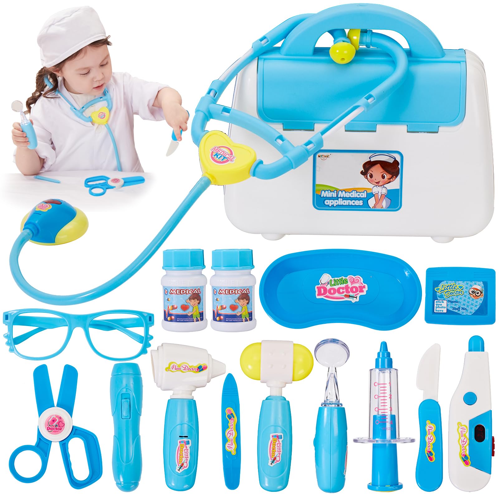 BUYGER 16 Pcs Kids Childs Toy Doctor Sets, Role Play Toys for 3 Year Old Boys, with Lights and Sounds, Gift, Blue