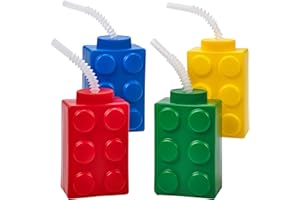 Building Blocks Cups with Straw & Lid - (Pack of 4) Reusable Brick Party Kids Cup for Block Birthday Party Supplies and Favor