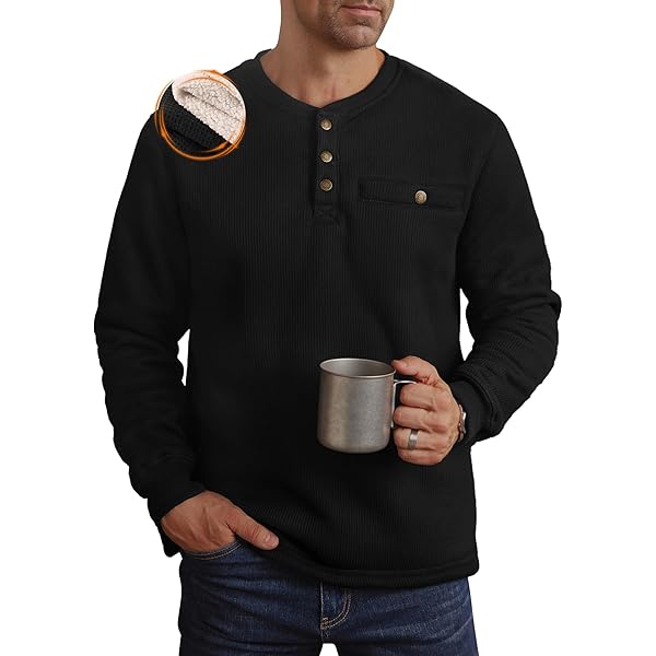Visitor Men's Sherpa Bonded Lining Thermal Henley Pullover, Black