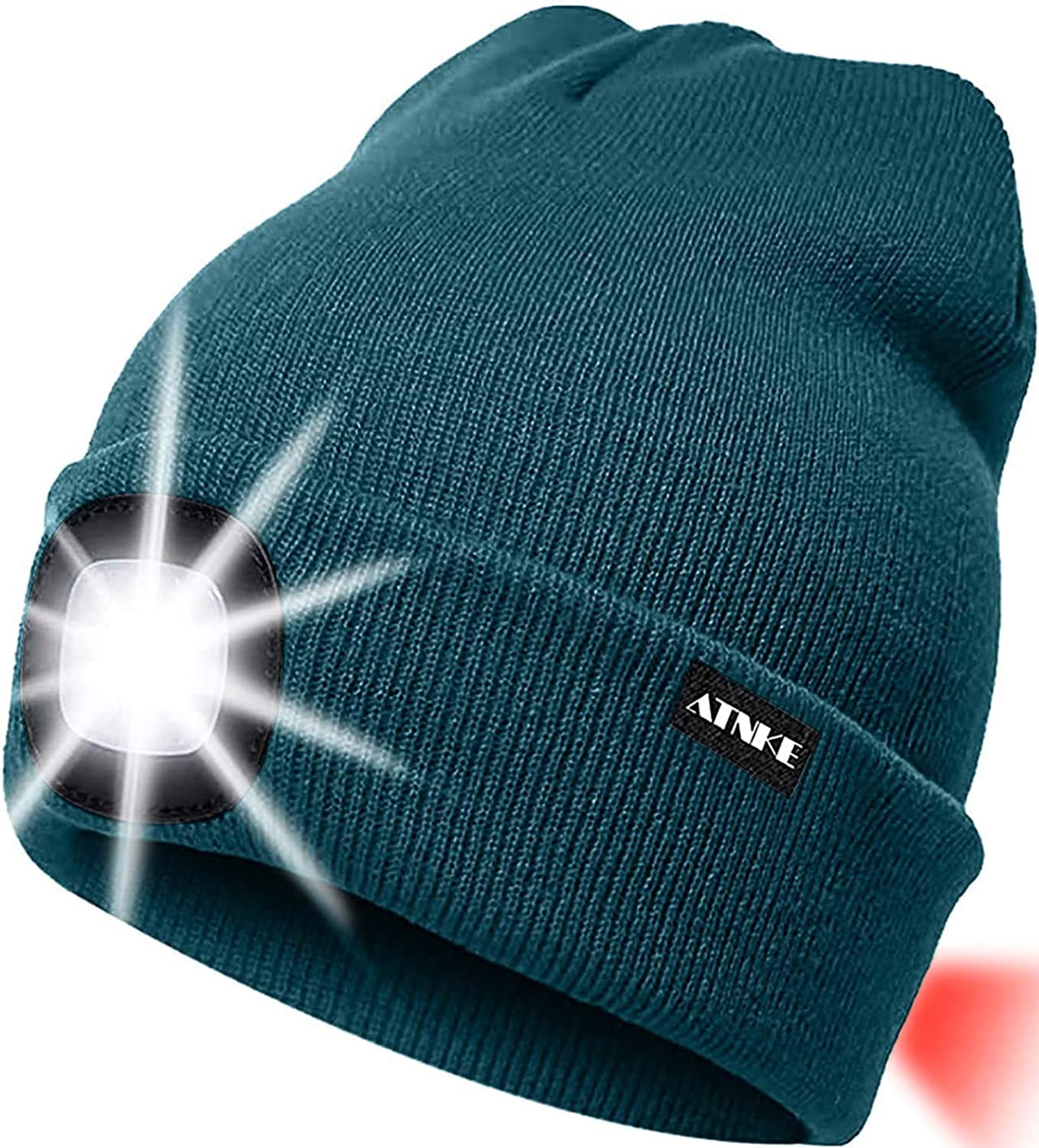 ATNKE 8LED Lighted Knit Hat,USB Rechargeable Running Headlamp Cap Ultra Bright Waterproof Light Lamp and Flashing Alarm Red Tail Light Multi-Color/Olive Green