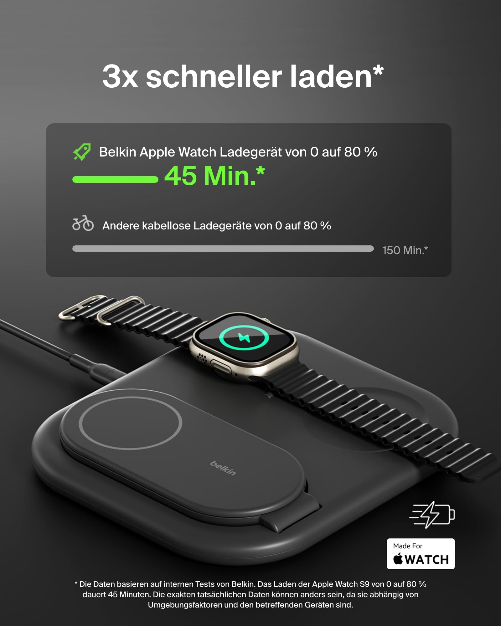 Belkin BoostCharge Ladegerät induktive 3-in-1 Ladestation Qi2, 15 W, klappbar MagSafe-kompatibles Ständer für Apple iPhone 17, Air, Pixelsnap, Apple Watch, AirPods, mit Netzteil – Schwarz 3