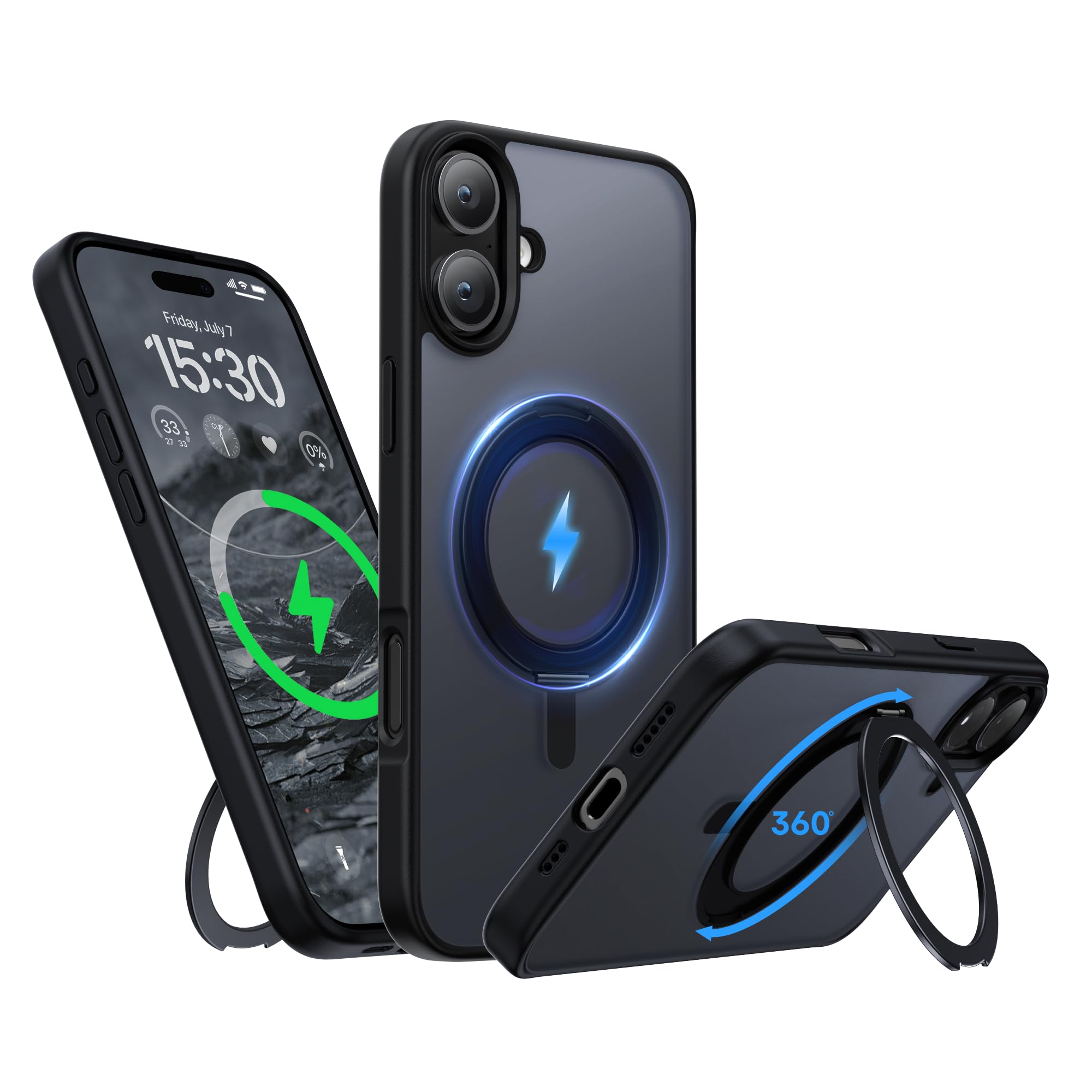 Niunisi Stand for iPhone 16 Case, [Compatible with Mag Safe] 360° Rotatable Ring Holder Kickstand Military Shockproof Protective Case for iPhone 16 6.1 Inch, Black