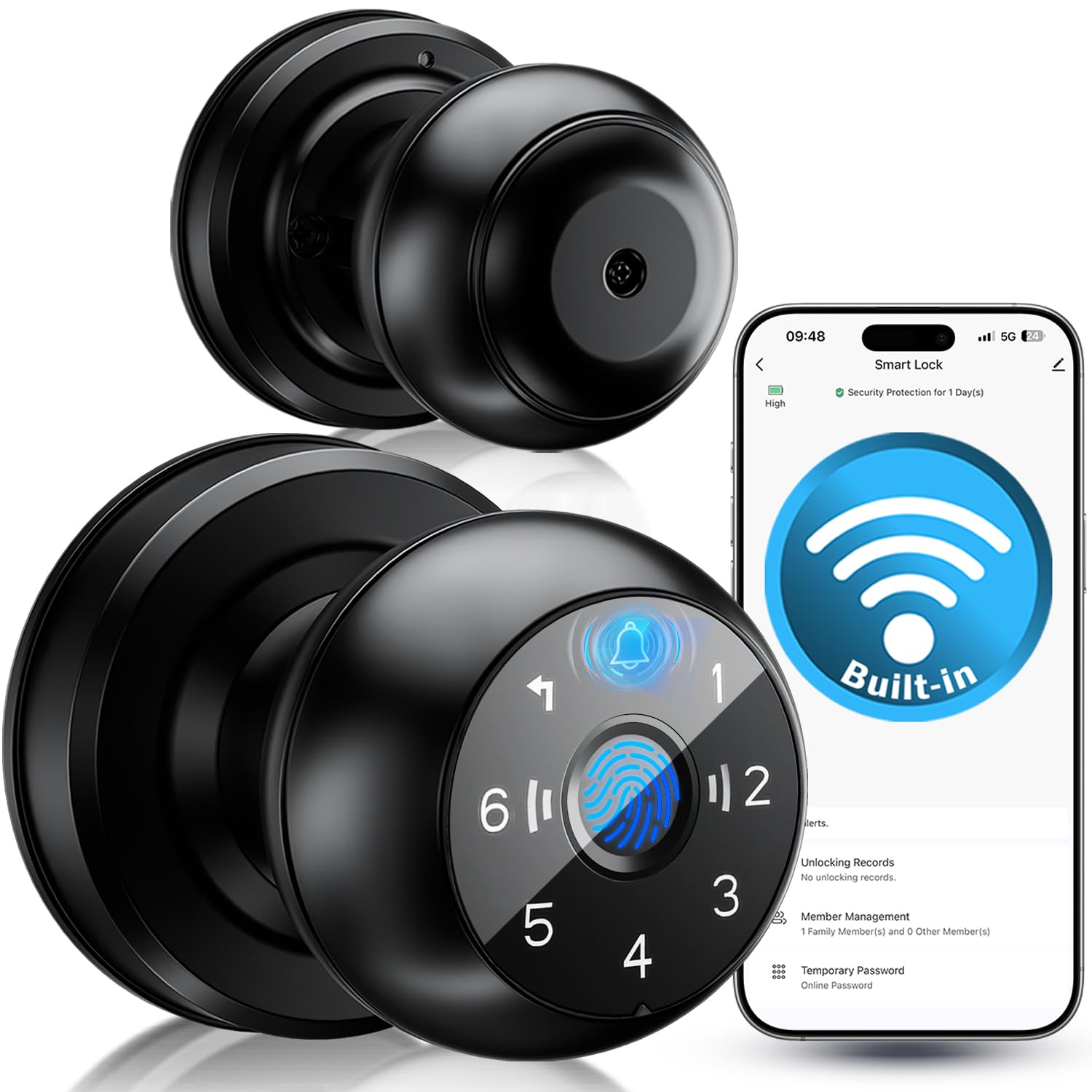 Photo 1 of ?WiFi-Triggered? 5-in-1 WiFi Smart Fingerprint Door Knob Lock with Keypad - Lock-Side Programming, Local Data Storage, Doorbell-Triggered Remote Unlock, Real-Time Alerts - Ideal for Bedrooms, Offices