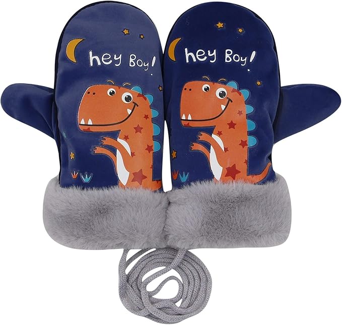 Kids Cute Dinosaur Suede Winter Gloves Fleece Lined Warm Mittens with Faux Fur Cuff