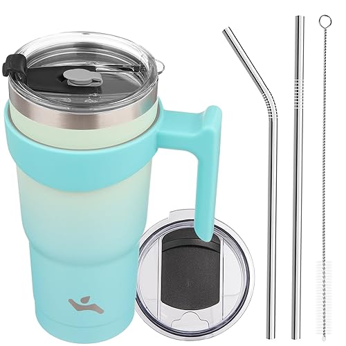 Konokyo 20 oz Tumbler with Handle and 2 Straw 2 Lid, Insulated Water Bottle Stainless Steel Vacuum Cup Reusable Travel Mug, Mint