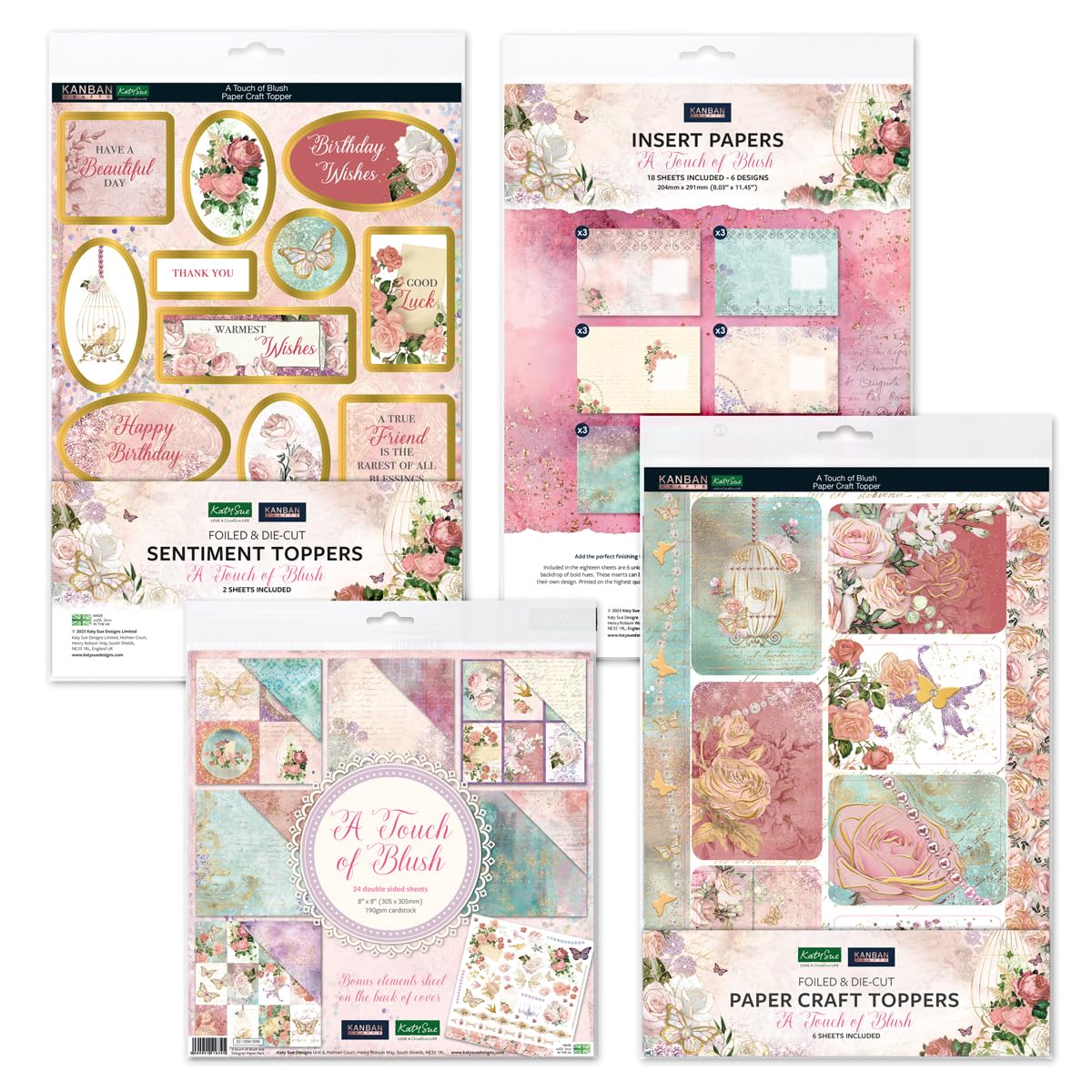 Katy Sue A Touch of Blush Papercraft Collection Bundle. Contains 8 x 8 Premium Papers, Papercraft Toppers, Sentiment Toppers & Insert Papers for Card Making Supplies