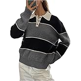 MakeMeChic Women's Striped Sweater Tops Button Up Long Sleeve Collared Preppy Sweater Rugby Shirt