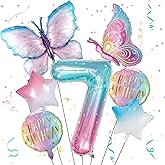 Butterfly Balloons 7th Birthday Decorations for Girls, Gradient Pink Colorful Foil Balloon, Giant Number 7 Foil Mylar Balloon, 7 Years Old Butterfly Theme Birthday Party Supplies Decor