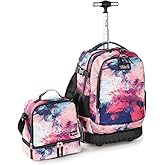 Tilami Rolling Backpack & Lunch bag for Kids 19 Inch Wheeled Bookbag for Boys & Girls for School & Travel,Pink wave