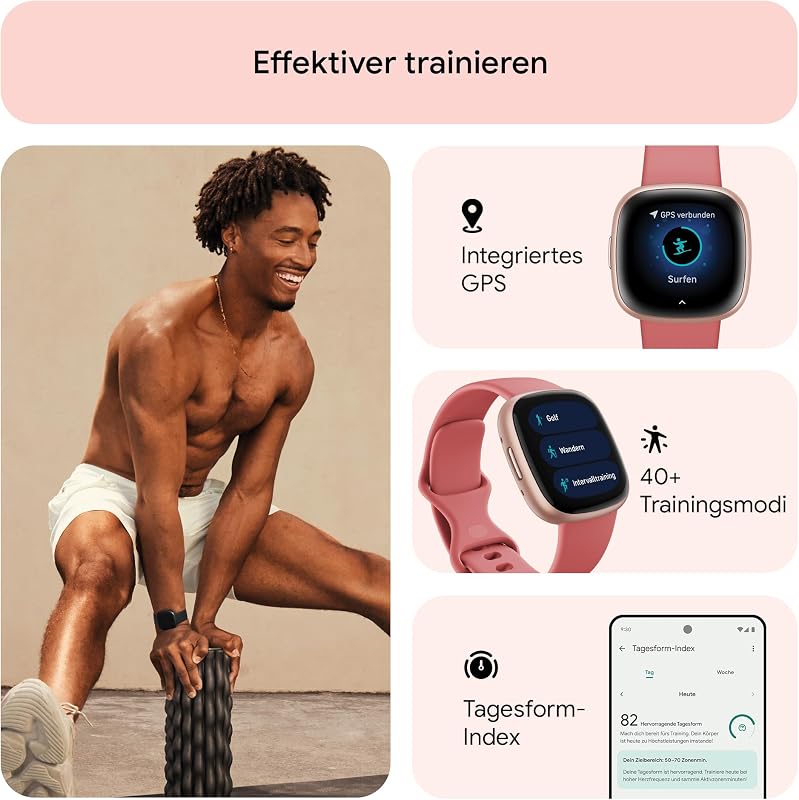 Google Versa 4 Smartwatch Fitness Tracker enthält eine 3 monatige Google Health Premium Mitgliedschaft, 6 Tage Akkulaufzeit – Kompatibel mit Android/iOS, Sandrosa/Aluminium in Kupferrosé