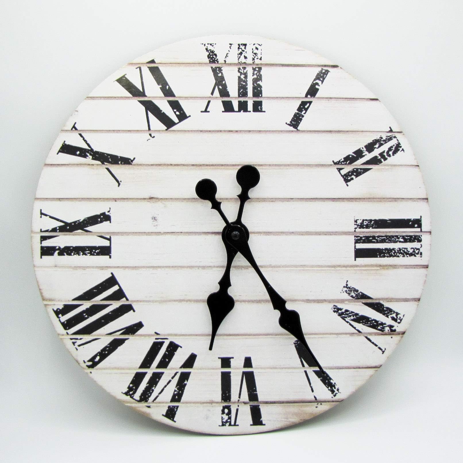 RUSTIC WALL CLOCK -CLOCKS FOR LIVING ROOM DECOR -14 INCH -FARMHOUSE CLOCK RUSTIC CLOCK - LARGE DECORATIVE HANDS -BATTERY OPERATED NON TICKING -WOOD PRINTED WALL CLOCK -PRINTED VINTAGE WHITE SHIPLAP
