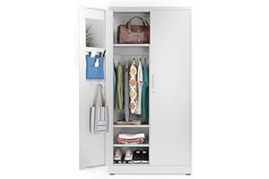 METALTIGER Metal Storage Cabinet Wardrobe - Metal Storage Locker with Locking Doors, Adjustable Shelf Height & Position, Removable Hanging Rods, Mirror & Accessories (White)