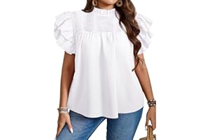 Falechay Womens Summer Tops Plus Size Ruffle Sleeve Blouses Dressy Casual Mock Neck Pleated Tunic Loose Fit Shirts