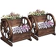 Aoxun 2 Pcs Wooden Wagon Planter Box, 2 Tier Planter for Outdoor Plants, Garden Decor for Outside, Flower Pots, Patio Decoration, Herb Cart with Rustic Wood Wheels, Porch Décor Accessories