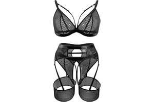 popiv 4 Piece Garter Lingerie for Women, Sexy Cutout Lingerie, Mesh Matching Lingerie Set