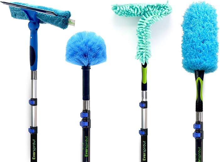 EVERSPROUT 4-Pack Duster Squeegee Kit with Extension-Pole (20+ Foot Reach) | Swivel Squeegee, Hand-Packaged Cobweb Duster, Microfiber Feather Duster, Ceiling Fan Duster, 12 Foot Telescopic Pole