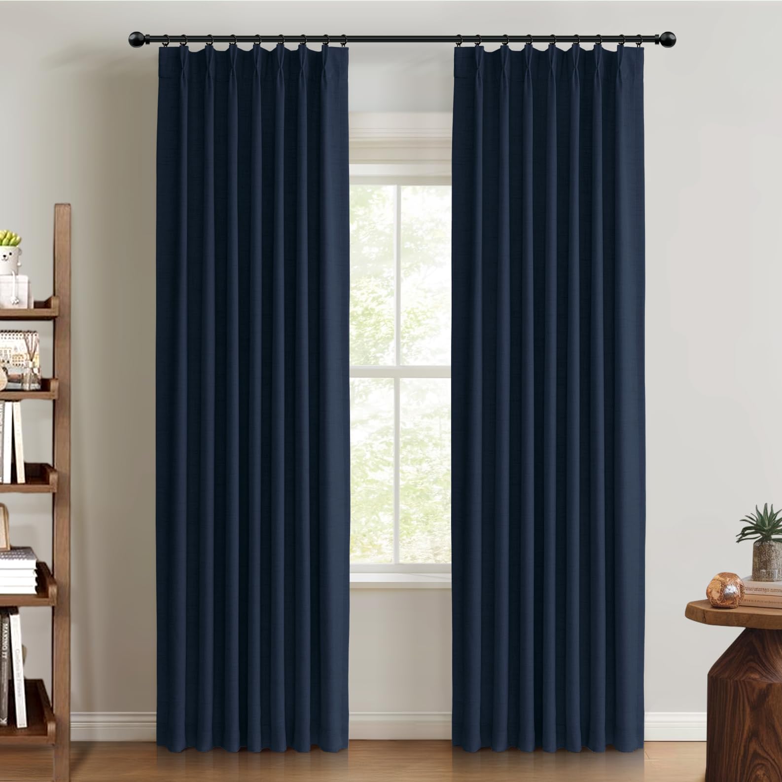 Photo 1 of 100% Blackout Shield Linen Look Textured Pinch Pleated Curtains Blackout Drapes 90 Inch Long 2 Panels Set, Faux Linen Blackout Curtains for Bedroom & Living Room, 40" W x 90" L, Midnight Blue
