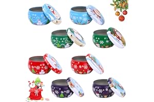 LEBKFT Candle Tin Jars 8PCS Christmas Round Tinplate Empty Tins Boxes Mini Candle Making Containers Empty Metal Candle Tin wi
